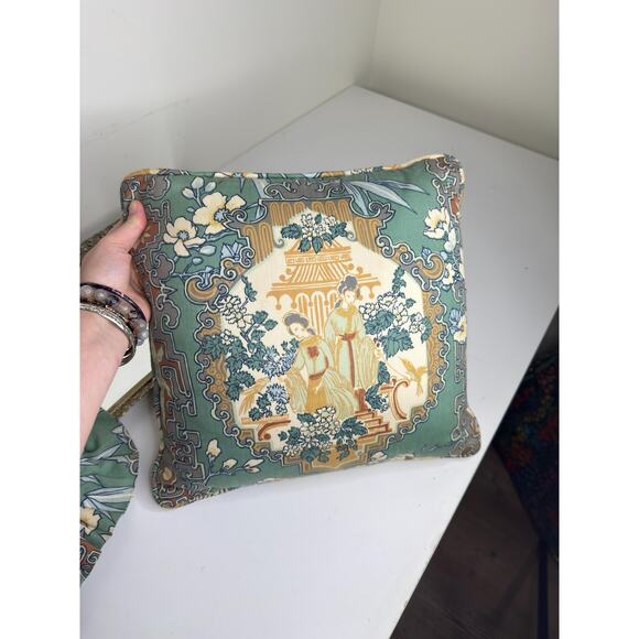 Set of Two Rare Sage Green Japanese Geisha Throw Pillows Chinioserie Garden - Picture 5 of 10